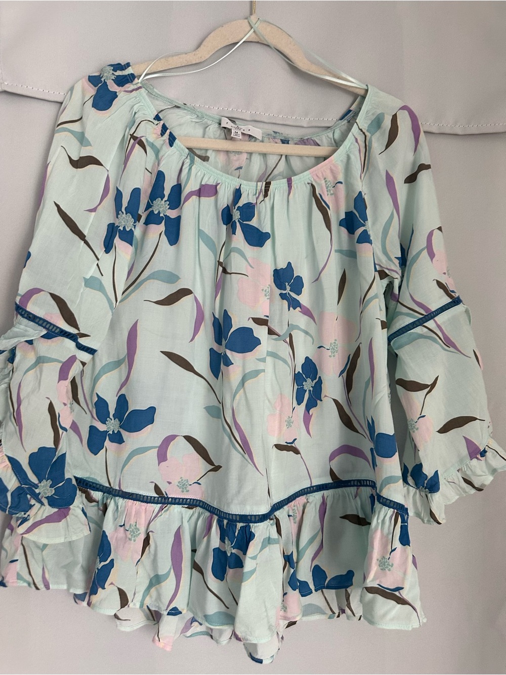 Fever Mint Floral Ruffle Blouse with Blue & Lavender Accents
